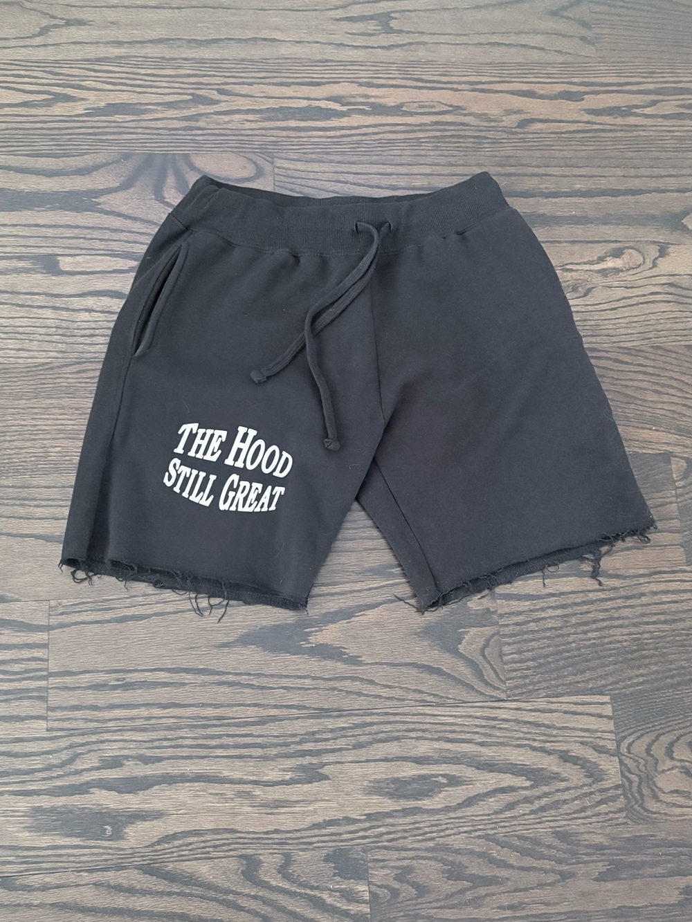 Cals Black Men's Drawstring Shorts with White 'The Hood Still Great' Graphic